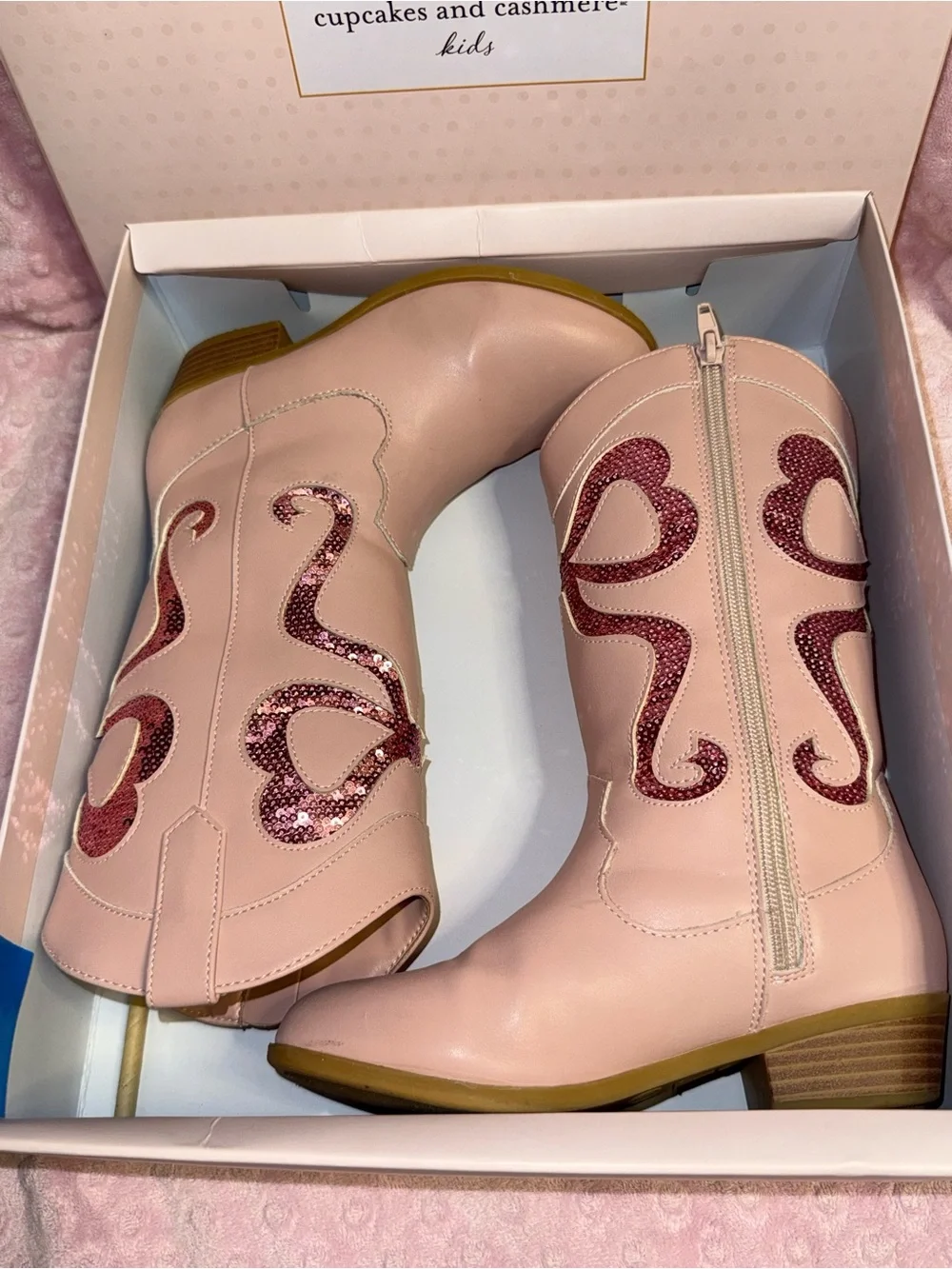 Cupcakes & Cashmere Blush Pink Western Zip Boots with Sequin Swirl Size 2